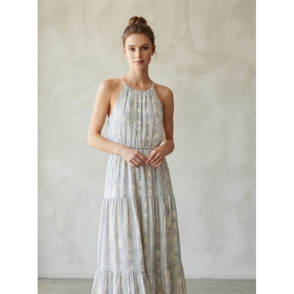 Threadgrit Boho Geometric Tribal Print Tiered Halter Maxi Dress S